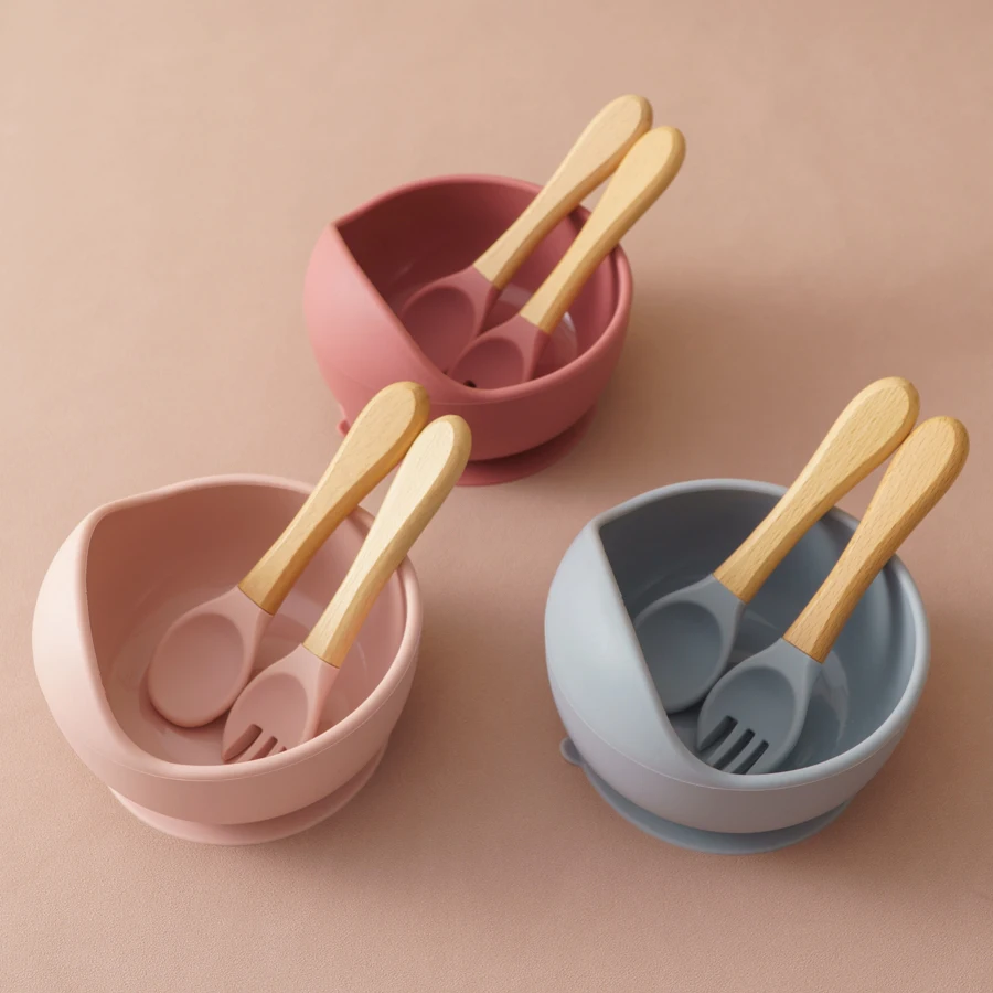 3Pcs Silikon Baby Fütterung Schüssel Set Baby Lernen Gerichte Saug Schüssel Set Holz Löffel Gabel Kinder Geschirr Baby Zeug