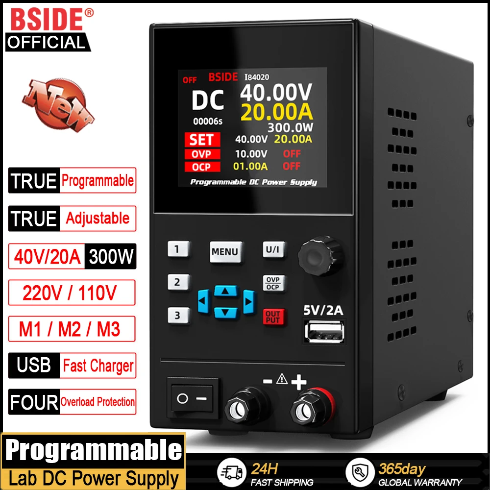 BSIDE DC Laborgeregeltes Netzteil, programmierbar, 30 V/10 A, 40 V/20 A, verstellbarer Tischschalter, voreingestellter Stromstabilisator EIN/AUS Image