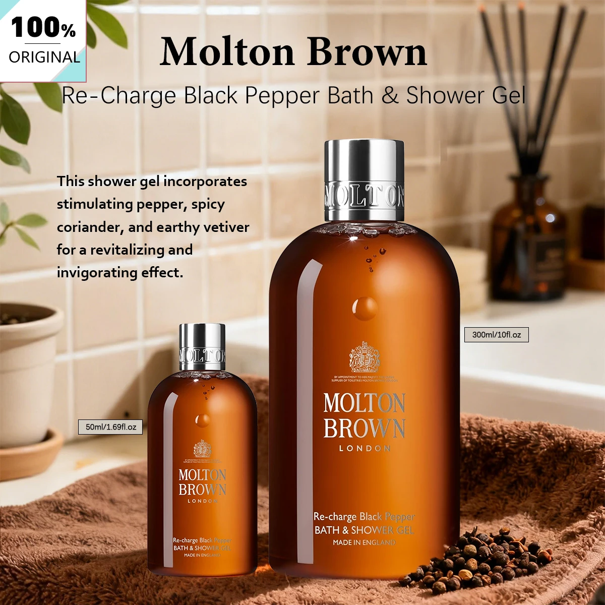 Molton Brown Re-Charge Schwarzer Pfeffer Bade- und Duschgel, Nicht-Austrocknende Formel, Langanhaltender Duft, Sanfte Reinigungswirkung Image