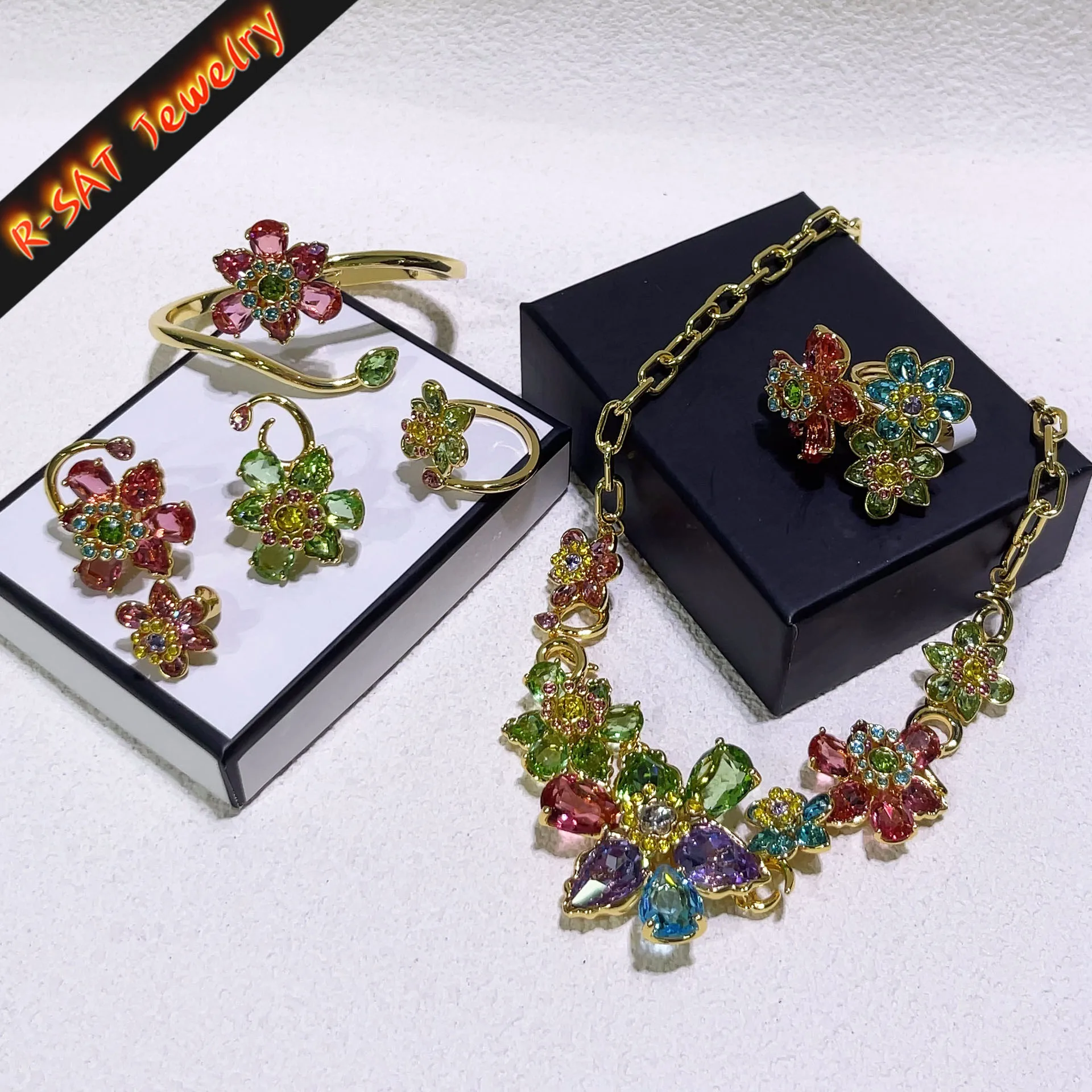 Blume Kristall Boutique Unregelmäßige Original Schmuck Set Neue Farbe Ohrring Exquisite Halskette Ring Armband Hochzeit Geschenk für Frauen Image