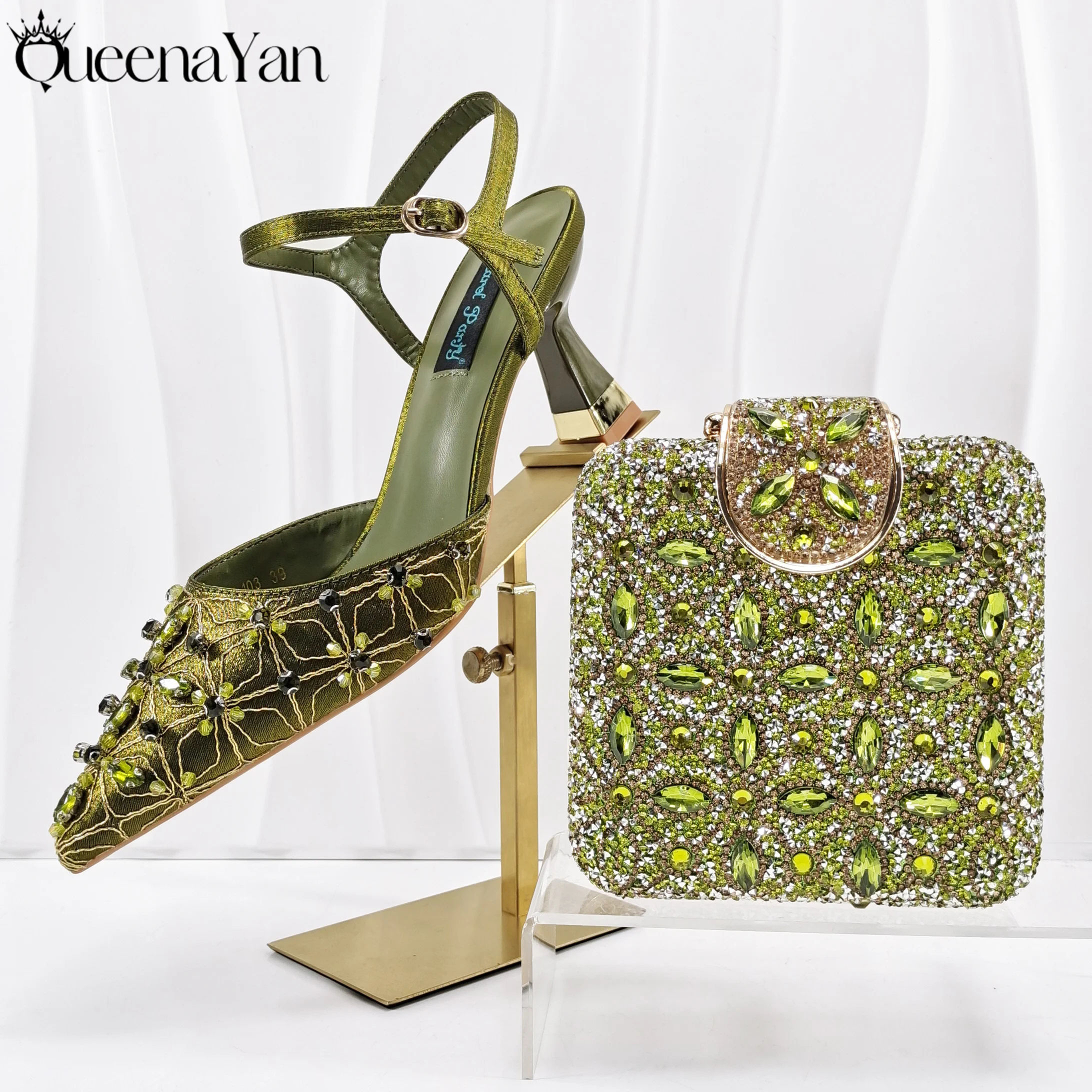 Elegantes, hochwertiges italienisches Damen-Schuh- und Handtaschen-Set in Olivgrün mit Diamant-Design für Hochzeiten und besondere Anlässe