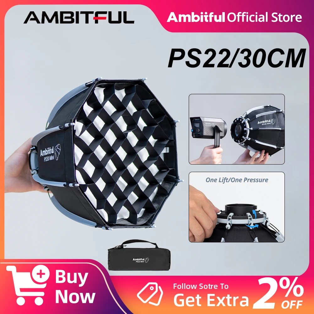 AMBITFUL PS22 PS30 Softbox Mini Bowens Mount COB Light Octagon Softbox Mini Bowens Mount Matt Box Image