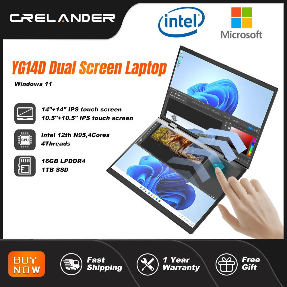 Crelander Dual Sceen Laptop 14 14 Zoll 2k Touchscreen Notebook Intel N95 CPU 360 Grad Flip Metall gehäuse 2 in 1 Laptop Image