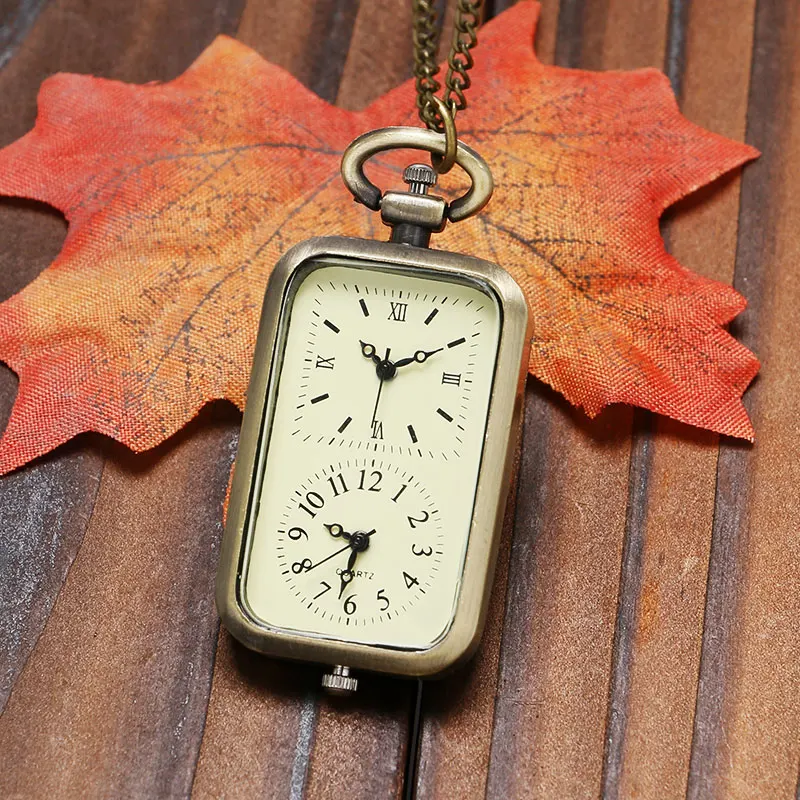 Vintage Retro Bronze Kupfer Quarz Taschenuhr Dual Time Zone Bewegung Halskette Anhänger Reloj De Bolsillo Geburtstag Geschenke P11 Image