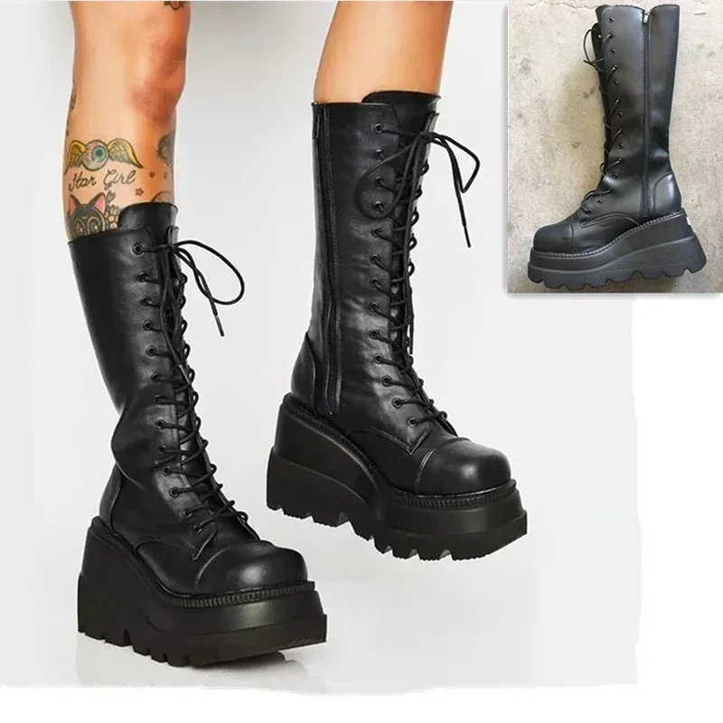 Punk Frauen Plattform Stiefel Elastische Mikrofaser Chunky Heel Mid-kalb Damen Stiefel 2025, Frühling Herbst Marke Schwarz Goth Frauen schuhe
