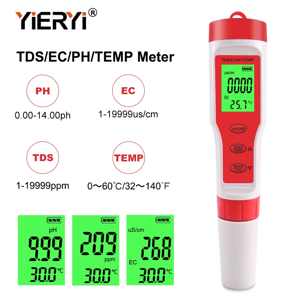Yieryi 4-in-1 PH TDS EC Temperaturmessgerät Digitaler Wasserqualitätstester 0,01 Hochpräzise Messung für Aquarium, Schwimmbad, Hydroponik, Säuregehalt Image