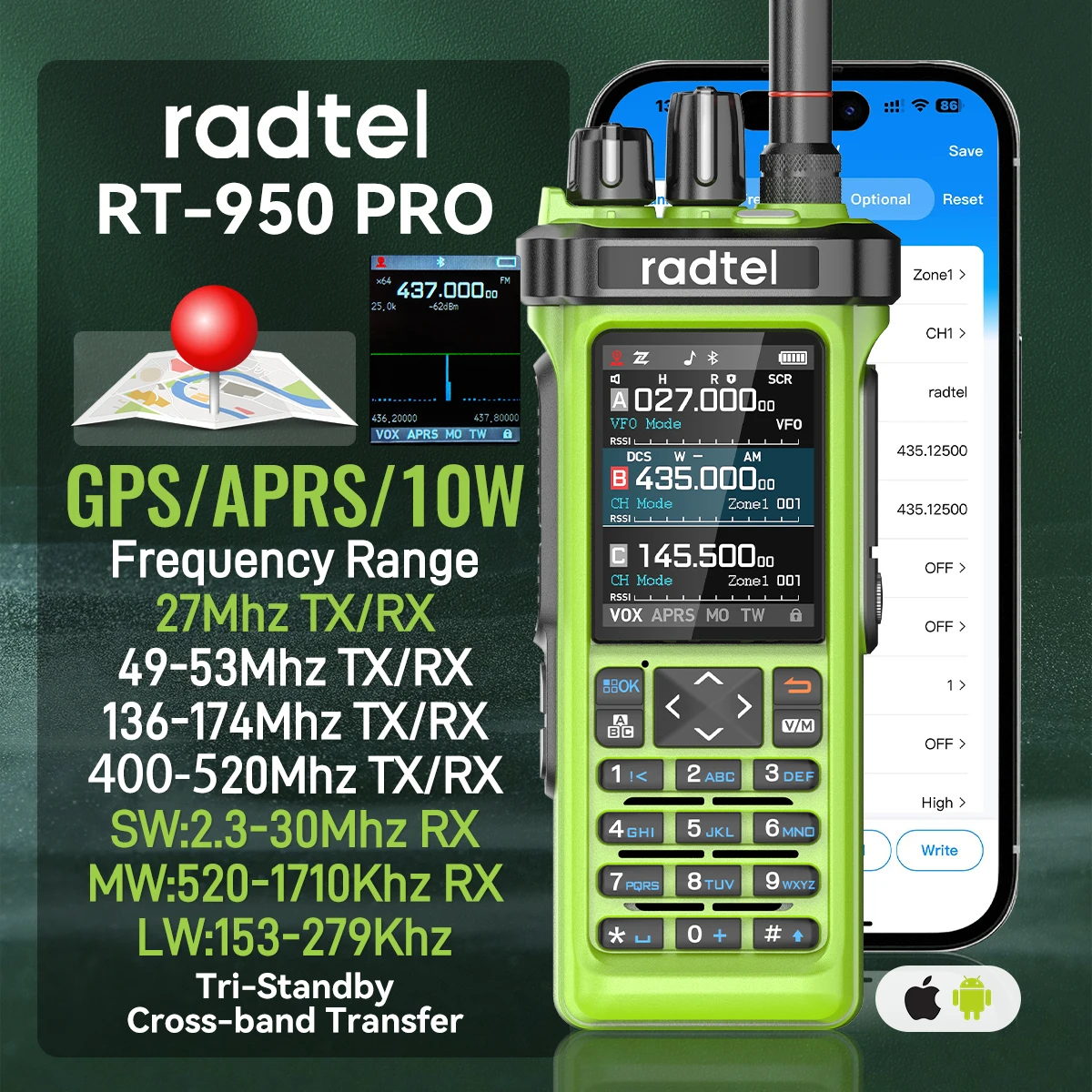 Radtel RT-950 PRO Grüner Walkie-Talkie AM/FM/SSB-Empfänger mit GPS APRS 10 W Bluetooth-Telefonprogrammierung Amateurfunk RT-950PRO Image