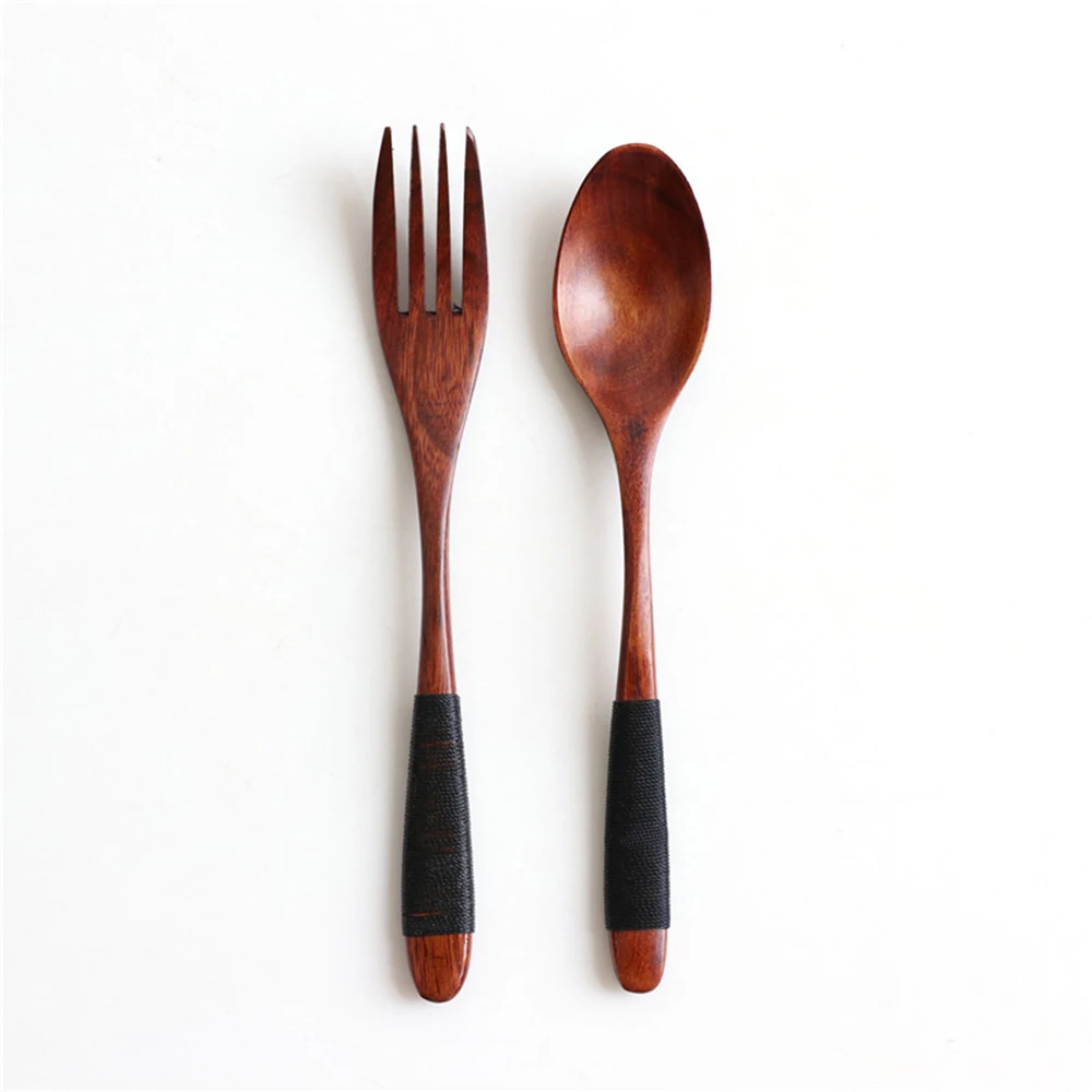 Natürliche Holz Löffel & Gabel Abendessen Kit Reis Suppen Utensil Getreide Handgemachte Hause Geschirr Geschirr Besteck Für Kicthen Image