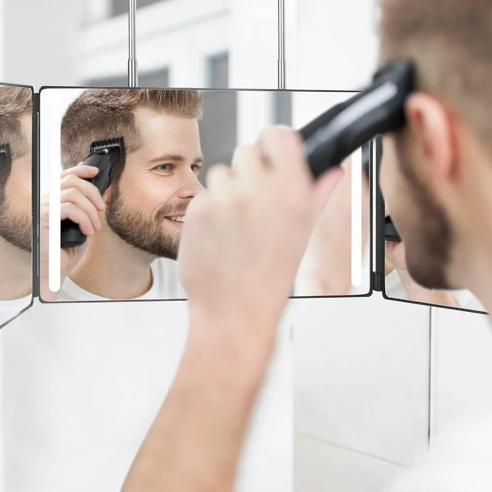 3-Wege LED-Schminkspiegel für Selbst-Haarschnitt Wiederaufladbar 360° ° DIY Selbstschneidespiegel mit Beleuchtung und Höhenverstellbaren Haken Image
