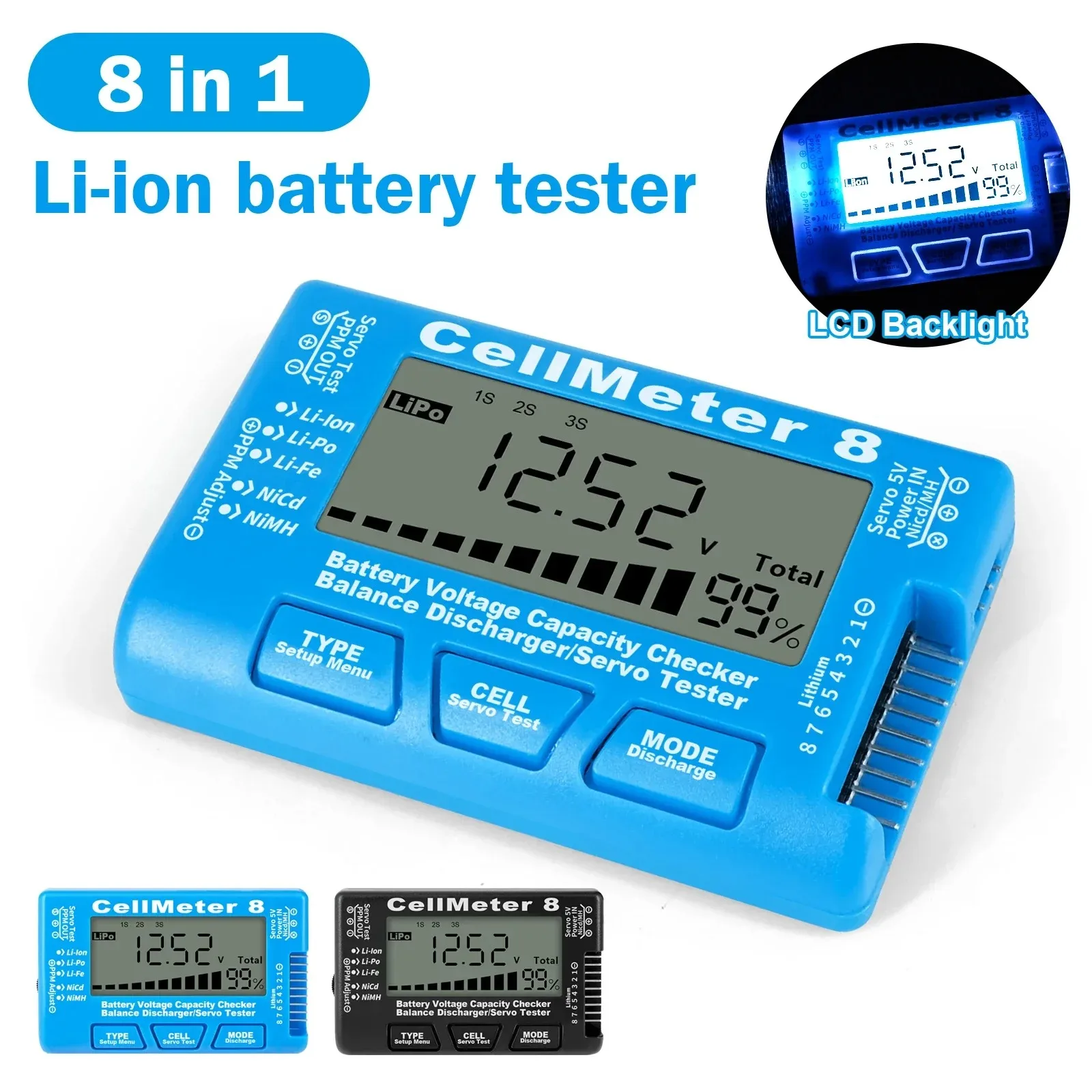 RC CellMeter 8 2-8S 4-8S LiPo Li-lon Batterietester Batteriekapazitätsspannungsmesser NiMH-Messgerät 8 Digitaler Batteriekapazitätsprüfer Image