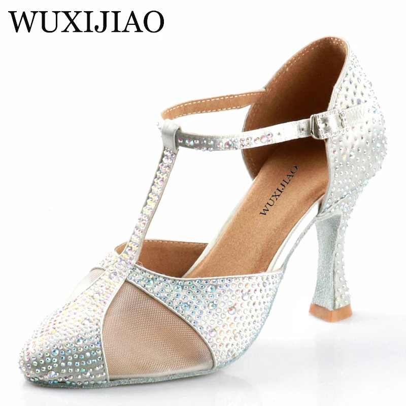 WUXIJIAO Silber Seide Satin Strass moderne Tanzschuhe Latin Dance Schuhe Hochzeit Schuhe Baotou Strass Designarty