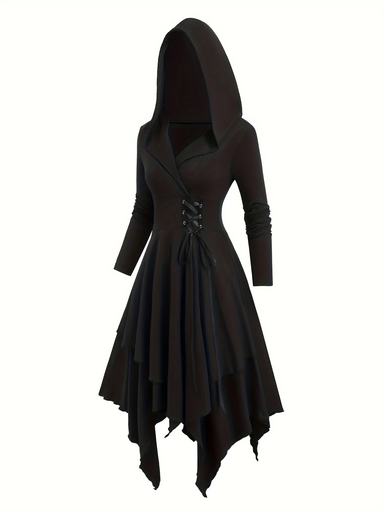 Europäische und amerikanische Mode in Übergröße, langärmelig, Gothic-Schnürkleid mit Kapuze, unregelmäßiges Kleid, reiner schwarzer Taschentuchsaum. Image