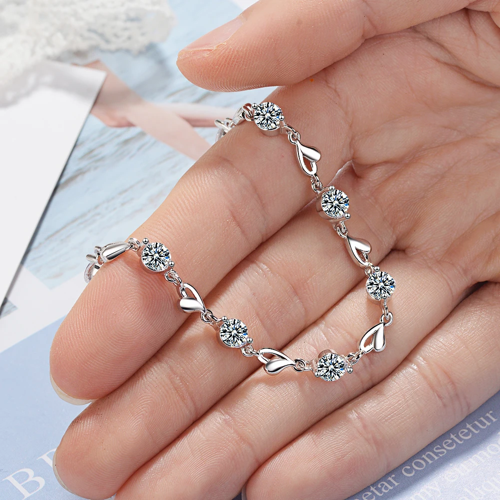 Herzförmige Armbänder aus 925er-Sterlingsilber, Zirkon-Liebhaber, Kristalle für Frauen, Valentinstagsgeschenk, Hochzeit, Party, edler Schmuck Image