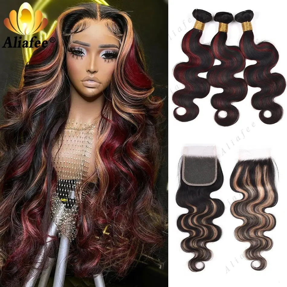 Highlights Rot Blonde Farbige Brasilianische Haar Bundles Mit 5X5 Spitze Schließung Remy Körper Welle Menschliches Haar Bundles Mit 4x4 verschluss Image