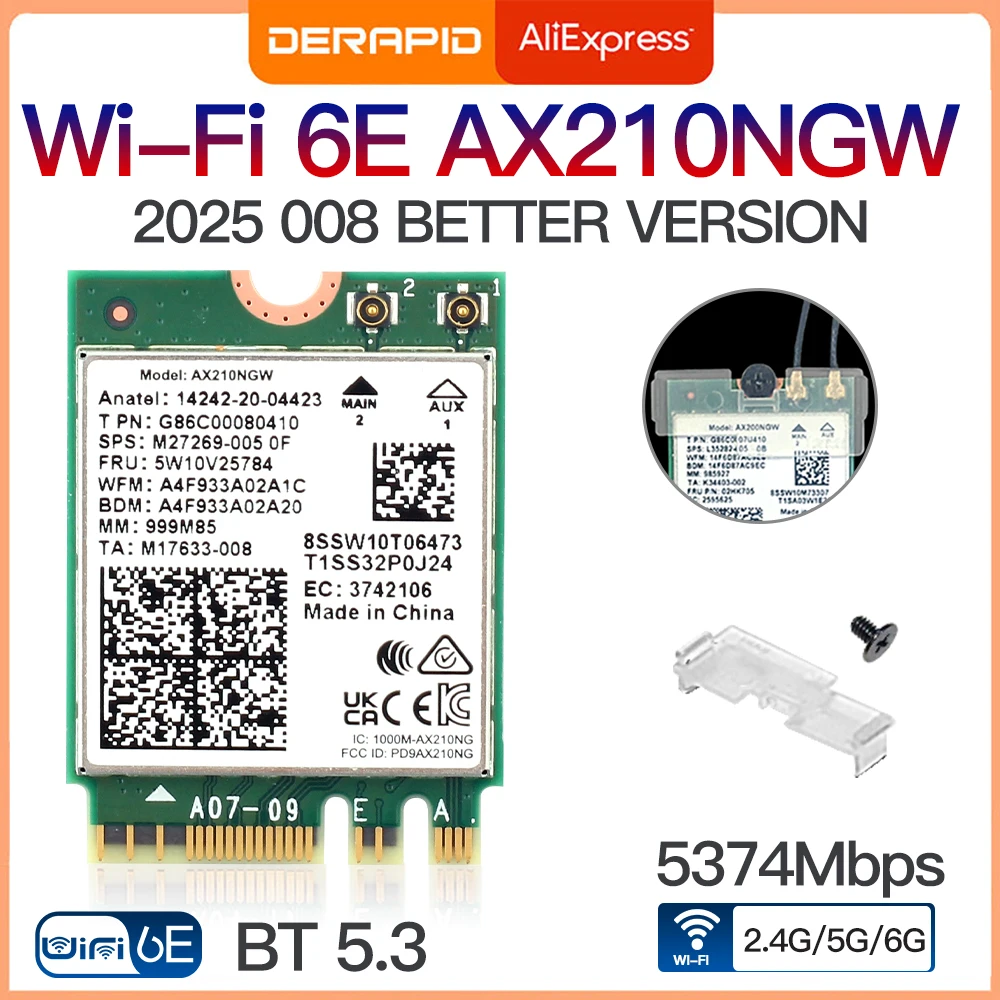 WiFi 6E AX210 Wireless-Karte 5374 Mbit/s BT5.3 Tri-Band 2,4 GHz/5 GHz/6 GHz 802.11ax Hochgeschwindigkeits-Netzwerkadapter AX210NGW Fow Win10/11 Image