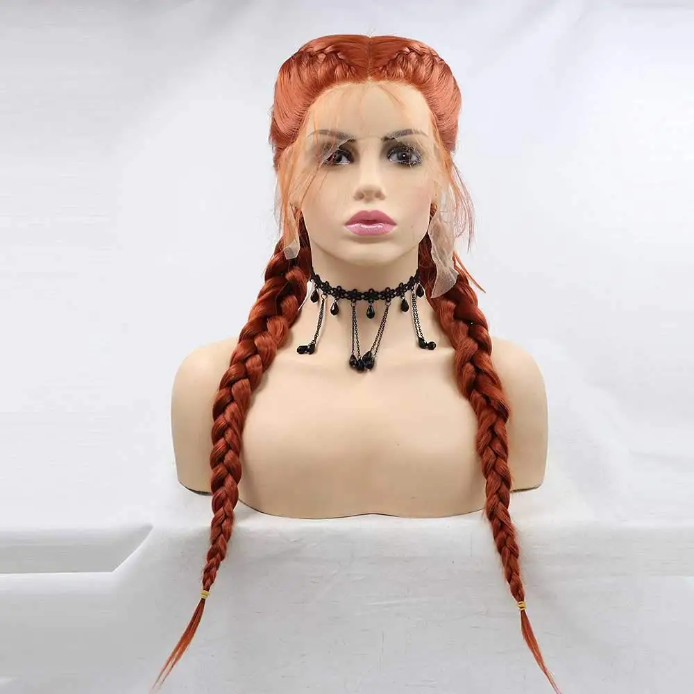 Synthetische kupferrote geflochtene Lace-Front-Perücken 360° # Farbe doppelt geflochtene Perücke hitzebeständige Faser lange Zopfperücke mit Babyhaar Image