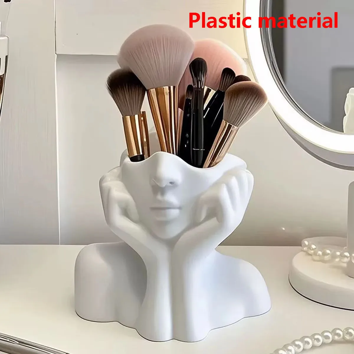 Make-up-Pinselhalter, Kunstobjekt in Menschlicher Gesichtsform als Schreibtischdekoration, Vase, Kompatibel mit Make-up, Augenbrauenstiften, Haushaltsorganizer, aus Kunststoff Image