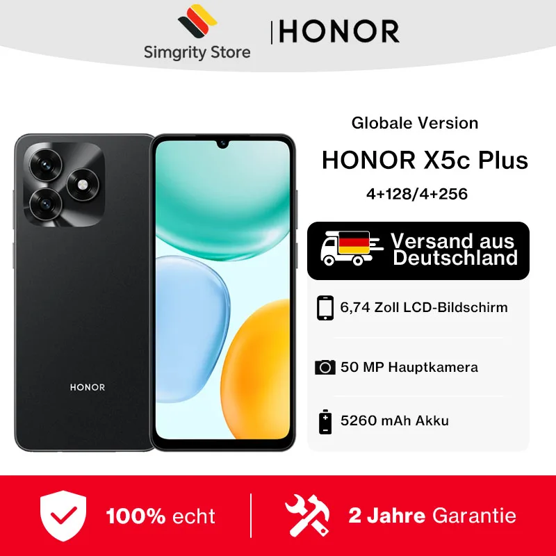 HONOR X5c Plus Smartphone 4 GB + 128 GB/4 GB + 256 GB, MagicOS 9.0 (Android 15), 5260-mAh-Akku, 90-Hz-Display mit 6,74 Zoll, 50-MP- + 14-MP-Kamera, MediaTek Helio G81, Octa-Core-Prozessor, Bluetooth 5.1 Image