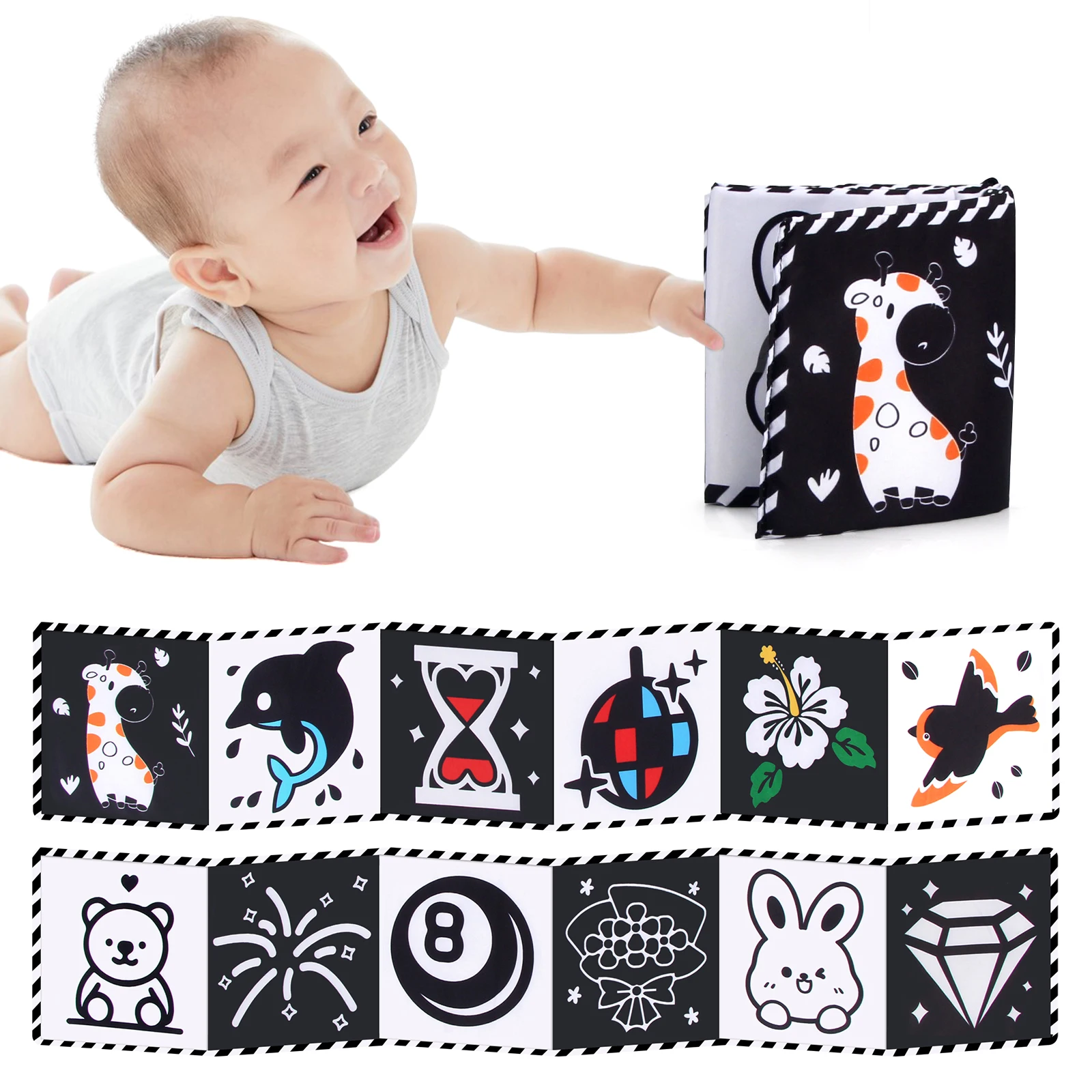 Baby Stoffbuch Hochkontrast-Babyspielzeug 0M+ Neugeborenen-Krippenspielzeug Schwarz-Weiß Tier-Sensorik-Stoffbücher Montessori-Spielzeug