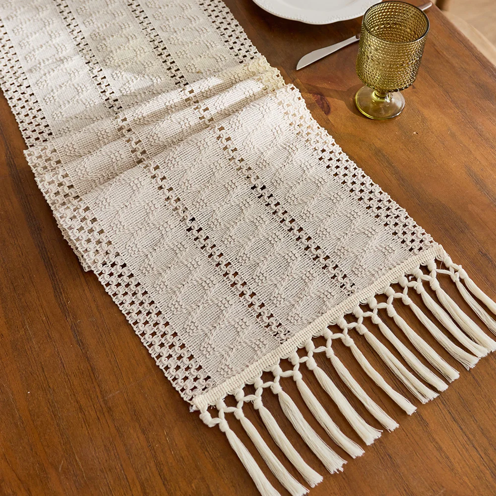 1 Stück beige Boho-Tischläufer mit Quasten, handgewebter Baumwoll-Tischläufer, rustikaler Bauernhaus-Tischläufer für den Esstisch in der Küche