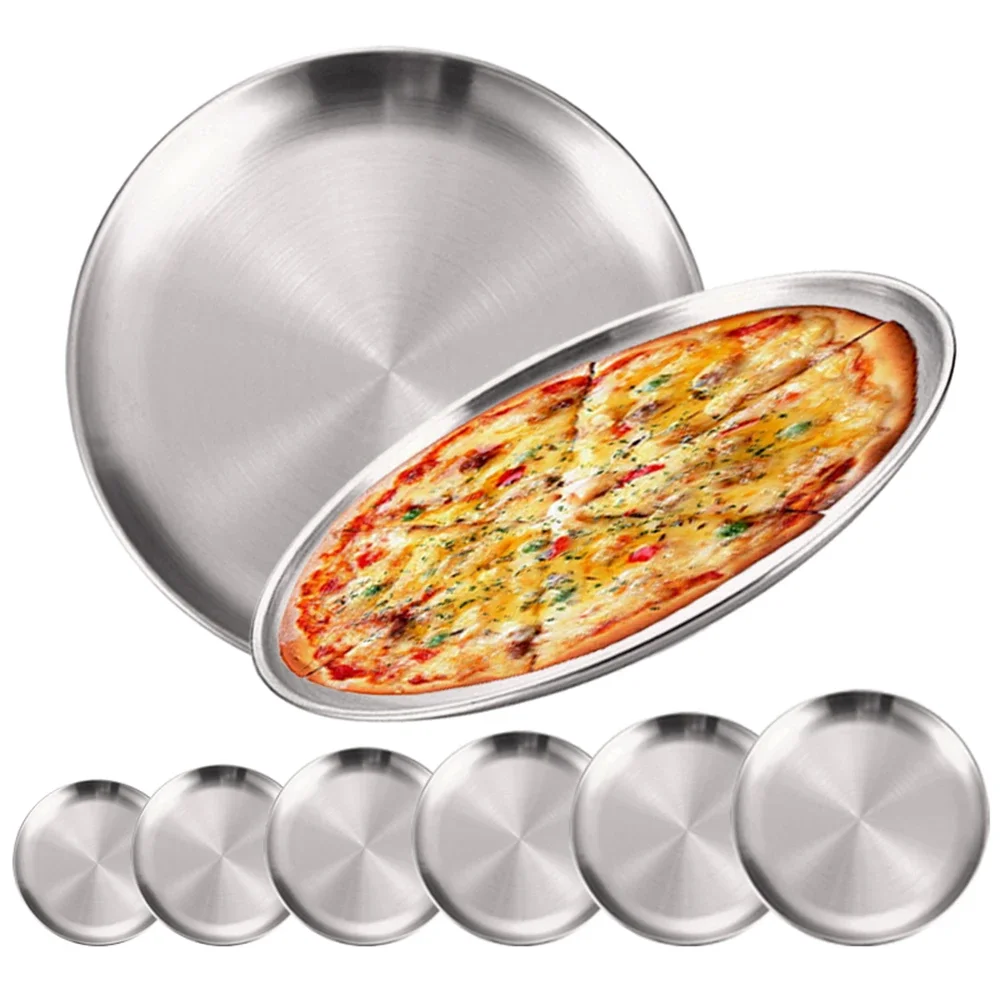 2 Stücke Edelstahl Runde Silber Flache Tablett Platte Rostfrei 14/17/20/23/26/30 cm Camping Platte BBQ Picknick Gerichte Kochgeschirr Image