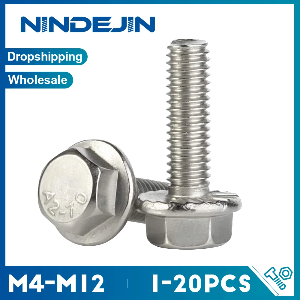 1–10 Stück Sechskant-Flanschschraube, Edelstahl 304, M4, M5, M6, M8, M10, M12, gezahnter Flansch, Unterlegscheibenkopf, Sechskantschraube DIN6921 GB5787 Image