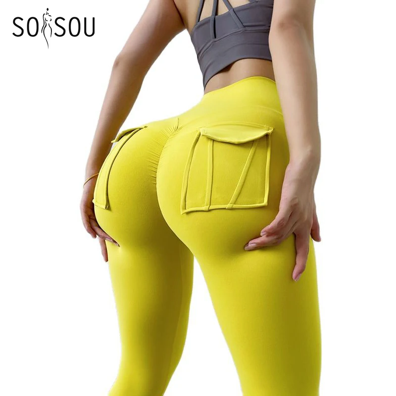 SOISOU Nylon Leggings frauen Hosen Sport Yoga Hosen Sexy Enge Hohe Taille Elastische frauen Höschen Tasche legging mujer Image