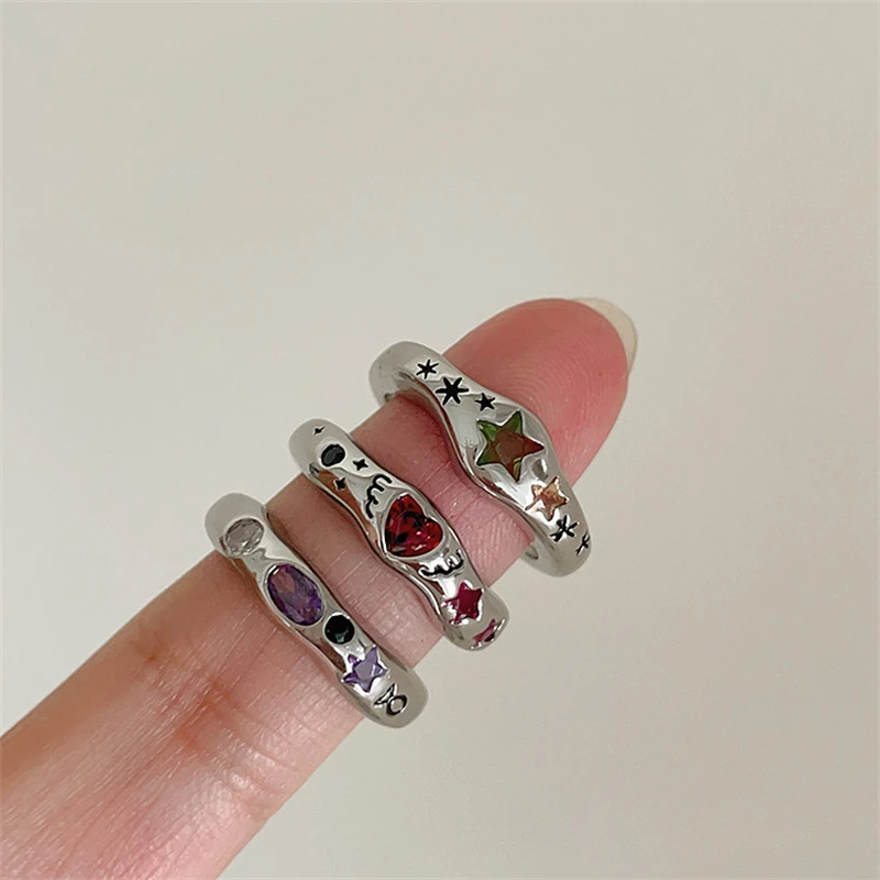 Kpop Bunte Zirkon Stern Ringe für Frauen Unregelmäßige Metall Ring Retro Zeigefinger Ästhetischen Schmuck Hip Hop Mädchen Zubehör