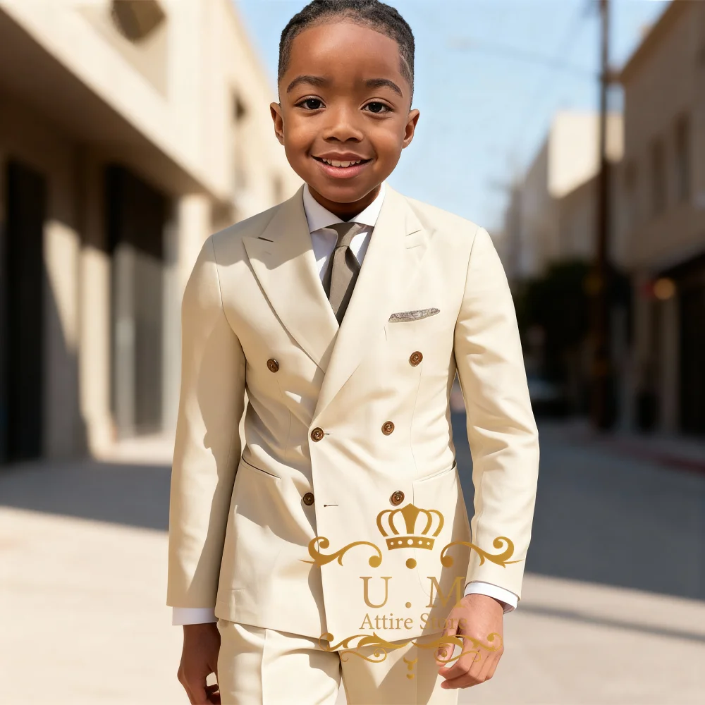 Beigefarbener 2-teiliger Anzug für Jungen, klassische zweireihige Jacke und Hose, maßgeschneidertes Set für Hochzeit, Cocktail, Abschlussball, Party, Kinderkleid, Geschenk Image