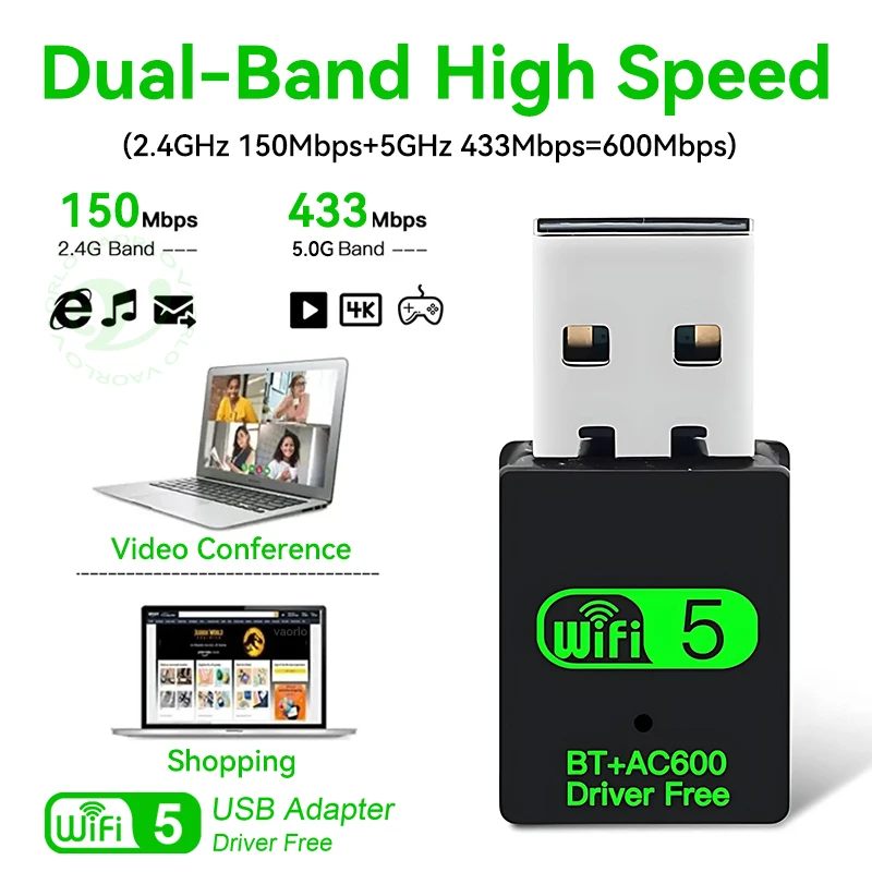 600 Mbit/s USB WiFi Bluetooth Adapter 2 IN 1 Dual Band 2,4 G/5 GHz Wi-Fi Dongle High-Speed Wireless Netzwerk Karte Empfänger PC Laptop Image