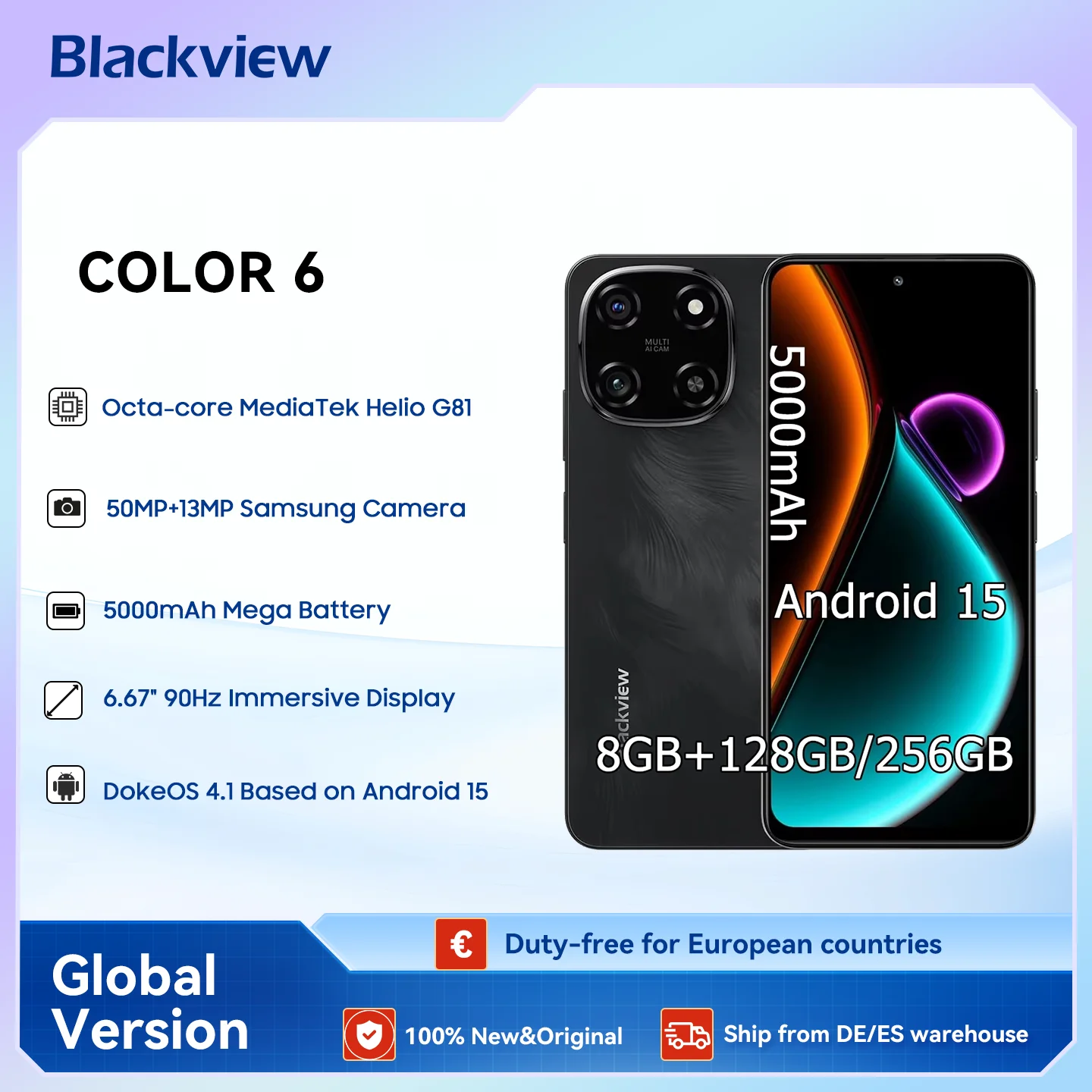 Blackview COLOR 6 AI Smartphone, 6,67'' Display Android 15 Handy MTK G81, 8GB RAM 128GB / 256GB ROM Mobiltelefon Mit 50MP Kamera, 5000mAh/18W Image
