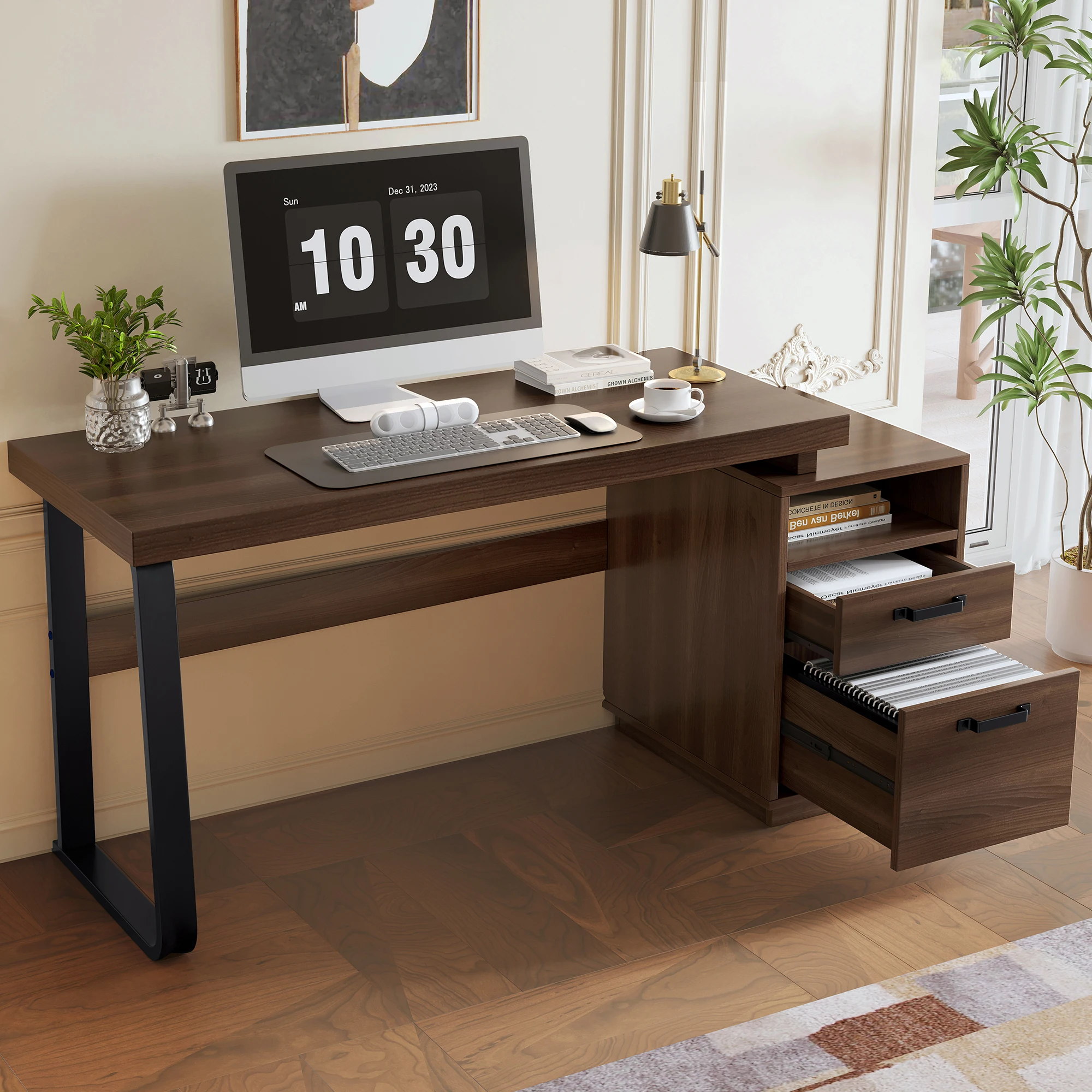 HAUSS SPOLE mit schubladen,135x54cm Bürotisch groß braun，Tragfähigkeit 60KG