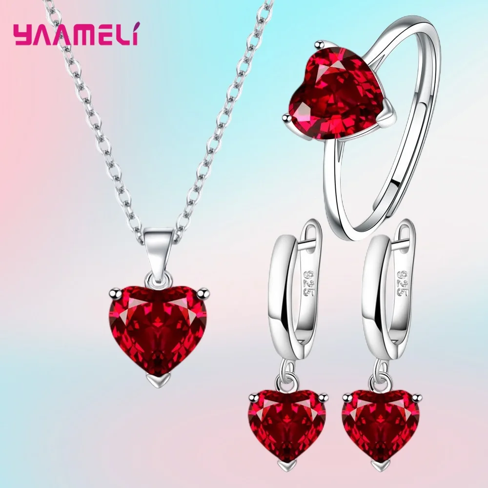 Feine 925 Sterling Silber Farbe Schmuck Geschenk Sets für Frauen Weibliche Romantische Herz Zirkon Huggie Ohrringe Anhänger Halskette Ring Image