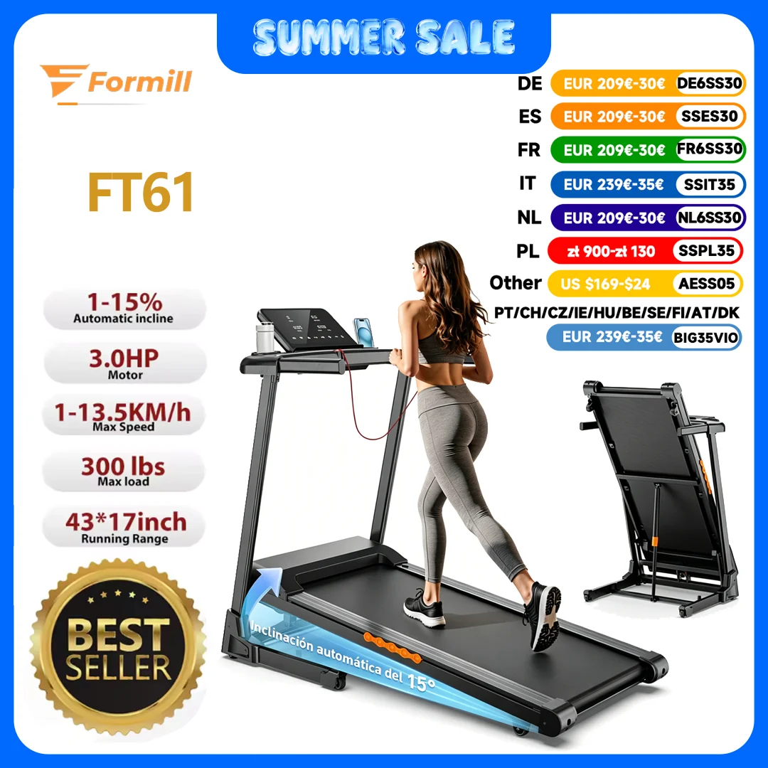 Formill FT61 3,0 PS klappbares Laufband, 15 % Steigung, 13,5 km/h, 17×43 Zoll Laufband, 300 lbs Tragkraft, geräuscharm, LCD, stoßdämpfend für Zuhause Image