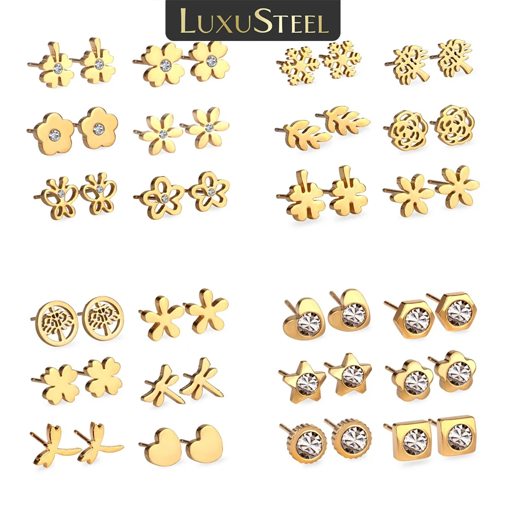 LUXUSTEEL FLowers 6 Paar Ohrringe für Damen, Edelstahl, Zirkonia, Ohrstecker-Sets, Modeschmuck, Geschenkbox-Paket