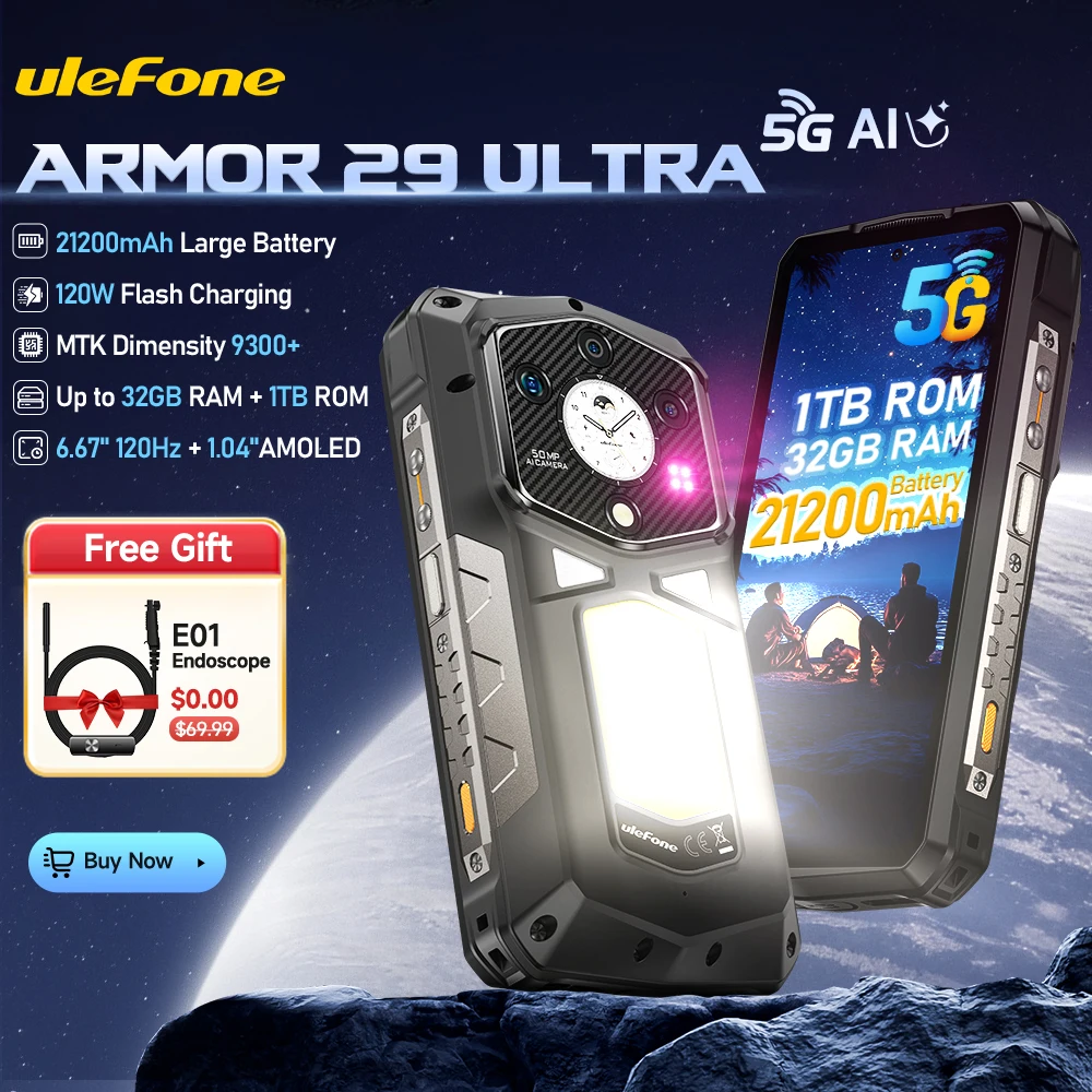 Weltpremiere Ulefone Armor 29 Ultra 5G Robustes Telefon Dimensity 9300+, 21200 mAh 120 W 6,67 Zoll 120 Hz AMOLED 32 GB RAM 1 TB ROM 64 MP Nachtsicht, NFC, Android 15 Mobiltelefon Image