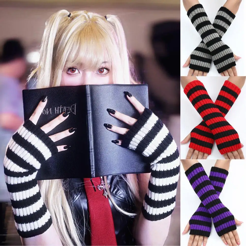 HEIßE frauen Gestrickte Fingerlose Arm Ärmel Gothic Gestreiften Ellenbogen Handschuhe Cosplay Anime Handschuhe Harajuku Y2K Handgelenk Handschuhe Arm Wärmer Image
