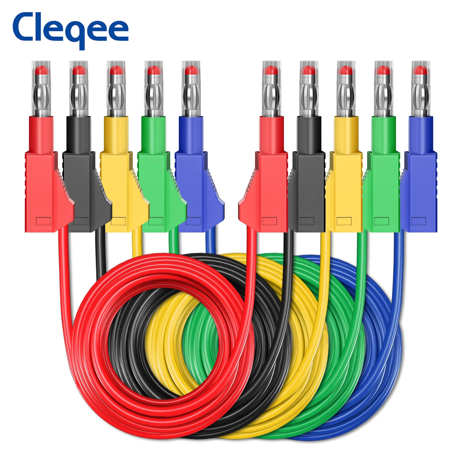 Cleqee 5 Stück 4 mm einziehbarer Bananenstecker auf Bananenstecker, Multimeter-Messleitungen, 100 cm, weiches Kabel, Draht, elektrische Leitung, DIY-Werkzeug Image