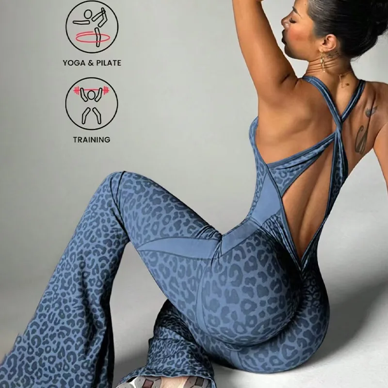 Neue Leopard Print Body Frauen Nahtlose Ausgestelltes Hosen Overalls Sexy einteiliges Fitness Anzug Kreuz Zurück Stretchy Yoga Overalls Image