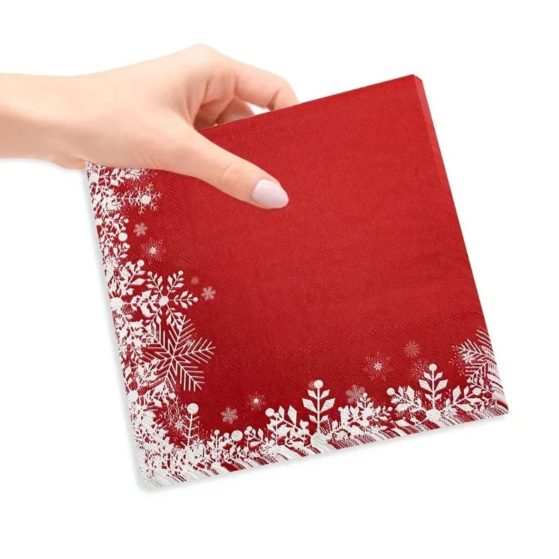 20 Stück 33 cm 2-lagige weihnachtliche rote Schneeflocken-Papierservietten, Weihnachtsdekorationszubehör, bedruckte Servietten für Eis, Festival, Party Image