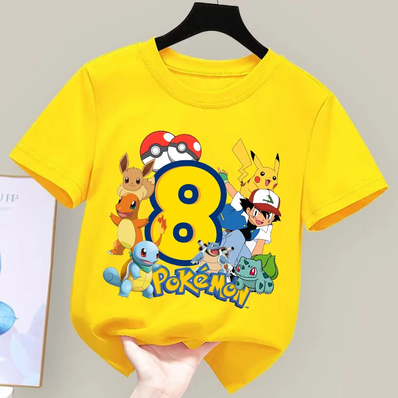 Anime Pokemons Nummerndruck-T-Shirts für Jungen und Mädchen, Pikachu Cartoon, niedliches kurzärmeliges Oberteil, Sommermode-T-Shirt für Kinder Image