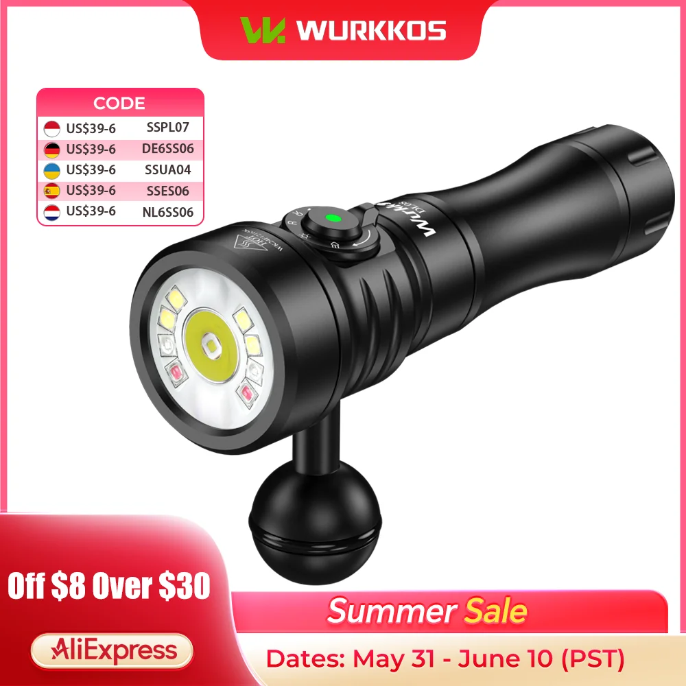 Wurkkos DL08 Tauchlampe, 3600 lm, wiederaufladbare Taschenlampe, 660 nm, rotes Licht, 365 nm UV-Taschenlampe, 21700 Unterwasserlaterne, Magnetschalter Image