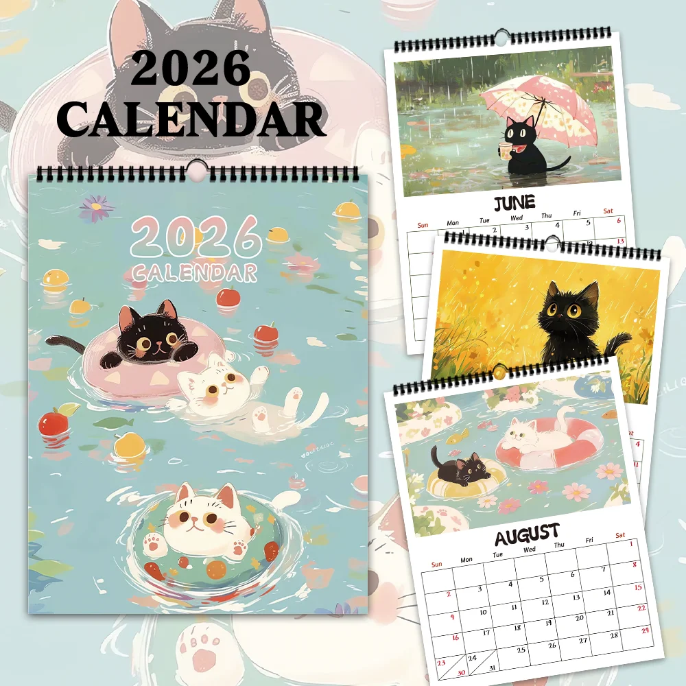 1 Stück, 2026 Entzückender Wandkalender der Healing Black Cat-Serie, Katzenkalender, 12 verschiedene Designs, Wandkalender, Geburtstag, Weihnachten Image
