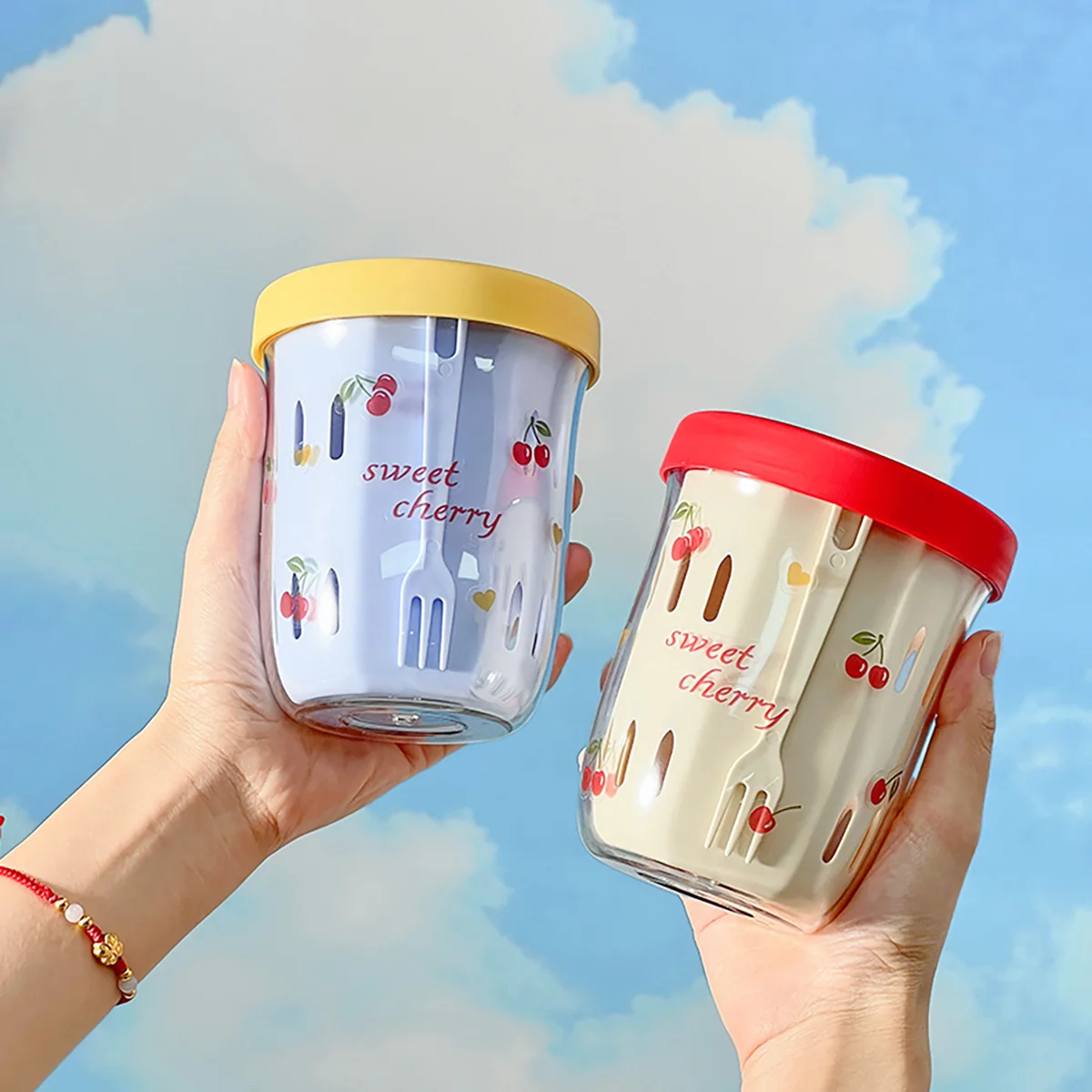 WORTHBUY Doppelwandiger Salatbecher, tragbarer, auslaufsicherer Haferbehälter mit Gabel und Griff, Abfluss-Obstbecher, niedlicher Frühstücksbecher für Studenten Image