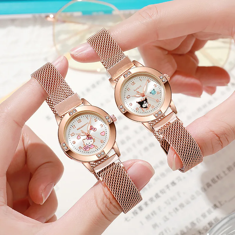 Neue Hello Kitty Diamant Uhren Frauen Katze Bogen Kawaii Rosa Damen Gold Silber Metall Schmuck Cartoon Magnetische Uhr Mädchen
