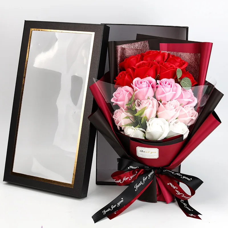 Künstliche Seifenblume, Rosenstrauß, Geschenktüten, Valentinstag, Geburtstag, Geschenk, Hochzeit, Heimdekoration, 18-Rosen-Seifenstrauß, Geschenkbox Image
