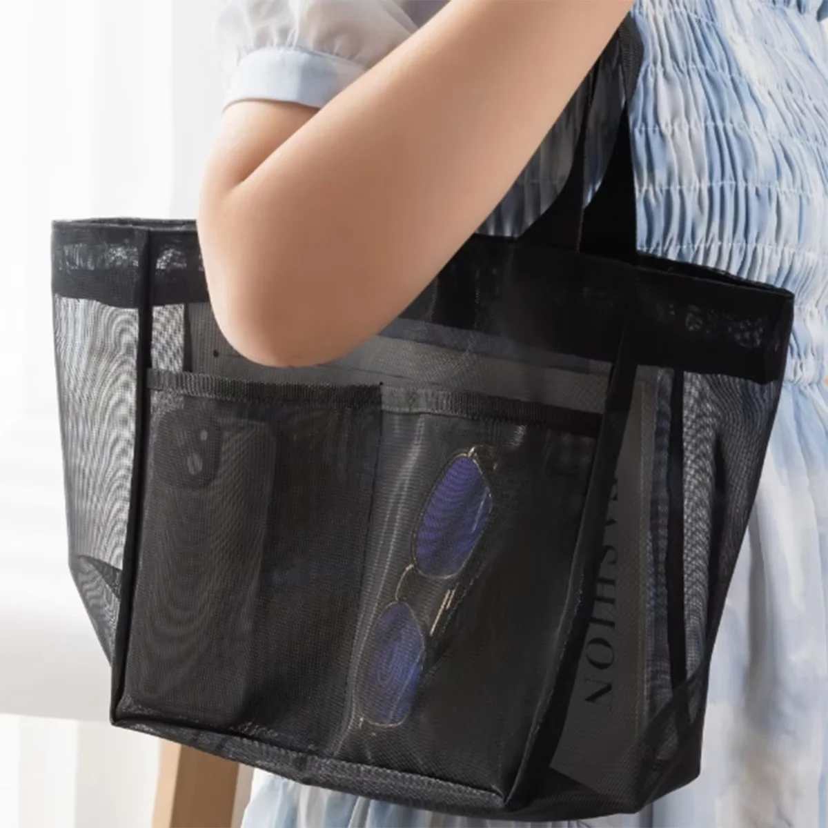 Einfarbige Gaze-Handtasche, transparente Aufbewahrungstasche, Umhängetasche, Strandtasche, großes Fassungsvermögen, transparente Netz-Einkaufstasche, 1 Stück Image