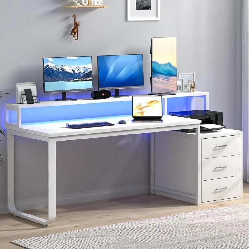 Schreibtisch mit Schubladen, Bürotisch mit langem Monitorständer und Druckerablage, umkehrbarer Computertisch mit LED-Beleuchtung