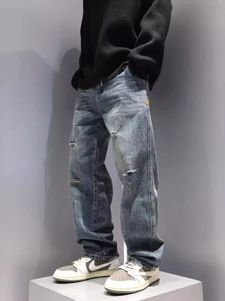 Neue männer Zerrissene Jeans Baggy Gerade Mode Vintage Blau Denim Hosen Persönlichkeit Street Hip Hop Hohe Qualität Männliche Hosen
