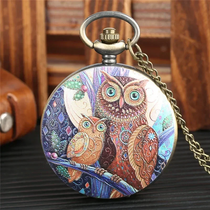 Retro-Taschenuhr mit schönem Eulenmuster, volle Hunter-Legierung, Quarzuhr mit Halskette, Anhängerkette für Männer und Frauen, antike Uhren